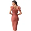 Femmes Sexy Designer Dentelle Mesh Rose Élégant Bandage Robe Midi Club Celebrity Bodycon Party Robe 210527