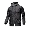 Svart Men Jacka Coat Zipper Big Pocket Hooded Jacka för män Solid Vattentät Vindtät Fjäder Jacka Kläder Sport Top L-5XL 210601