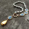 Y · ying naturalny słodkowodny hodowany szary ryż perłowy owalne niebieskie kyanites y design wisiorek naszyjnik 19 "