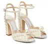 2022 London Brands Sacora Sandals Skor för bidala Bröllop Högklackat Vit Pärlor Läder Ankelband Peep Toe Eleganta Lady Pumpar EU35-43