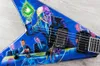 DaveMustaine Megadeth Rust In Peace Blue FlyingV E-Gitarre, Grover-Mechaniken, Saiten durch den Körper, aktive Tonabnehmer, 9-V-Batteriekasten, schwarze Hardware, Haifischflossen-Inlay