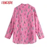 Tangada Frauen Mode Rosa Gedruckt Gemütliche Blusen Vintage Langarm Button-up Weibliche Shirts Blusas Chic Tops BE409 210609