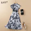 Fashion Summer Clothes for Women Runway Designers Turn Down Collar Paint Printed Vintage Midi Dress with Belt 210601