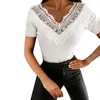 Damen T-Shirt Sommer Frau Elegant Spitzenbesatz Kurzarm Top Mode Häkeln Hollow Out V-Ausschnitt T-Shirts Einfarbig Tops