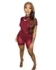 Summer Women Outfits Mesh Hollow Out Two Piece Set Short Sleeve Sheer Onesies+Shorts Matching Set Casual See Through Suits Night Club Wear 6976