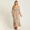 Boho röd lös maxi drwomen 2020 3/4 ärm vneck vintage chic klänningar sommar kläder strand fest blommig hippie lång klänning x0621