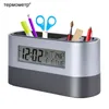 Office Desktop Opslag Penhouder Gereedschap Naam Kaart Container met Digitale Wekker Timer Kalender Temperatuur Thermometer 211112