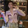 Свитера 2 сцена корейской шикарной сексуальной тонкой пэчворк розовый с капюшоном вязаная куртка короткие шерстяные двубортные кардиганские сладкие девушки 210610