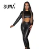 Verkauf Europa und Amerika Langarm Crop Top Stretch PU Leder Bleistift Hosen Zweiteilige Set Frauen Kleidung Party Nachtclub 210525