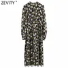 Zevity Frauen Vintage Stehkragen Blumendruck beiläufige dünne Midi-Kleid weiblich Puffärmel Falten Party eine Linie Vestido DS4670 210603