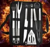 9 stks / set Rvs BBQ Tools Outdoor Barbecue Grill Gebruiksvoorwerpen met Oxford Zakken Roestvrijstalen Grill Clip Brush Mes Kit SN2372