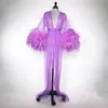 Luxe plume mariée vêtements de nuit Robes avec ceinture plus récent doux Tulle Sexy col en V manches longues sur mesure femmes vêtements de nuit pyjamas