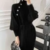 Women Casual Turtleneck Warm Knitted Sweater Dress Female Elegant Solid Lace-Up Dress Knitted Ladies Fashion Autumn Winter Dress G1214