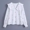 Wiosna Kobiety Kwiat Haft Peter Pan Collar Koszula Kobieta Z Długim Rękawem Bluzka Casual Dama Luźne Topy Blusas S8666 210225