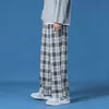 Men Polyester Loose Japan Harajuku style Grid Wide Pants Men Casual Drawstring Elastic Leg opening Ankle Length Pants Men 211112