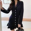 Eleganckie Kobiety Koreański Ol Dress Dress Moda Notched Collar Single Breasted Casual Office Ruffles 210603