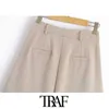 TRAF Kadınlar Chic Moda Ofis Giyim Yan Cepler Şort Vintage Yüksek Bel Fermuar Fly Kadın Kısa Pantolon Mujer 210722
