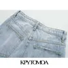 KPYTOMOA Kadınlar Chic Moda Yırtık Delik Yan Cepler Kot Vintage Yüksek Bel Fermuar Fly Denim Kadın Ayak Bileği Pantolon Mujer 210922