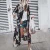 Kvinnor Vintage Floral Chiffon T Shirts Loose Shawl Kimono Cardigan Boho Toppar Lång solskyddsmedel Jacket Blus 210225