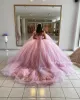 Quinceanera Dresses Pink Long Sleeves D Floral Applique Crystals Tulle Corset Back Pirncess Pageant Sweet Birthday Party Gown Sweep Train Custom Made