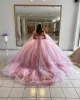 Robes quinceanera manches longues roses d cristales d'applique florale en tulle corset arrière pirncess conseas