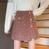 WERUERUYU Vintage Plaid Tweed Skirts Women Winter Elegant Single-Breasted Short Mini Skirt High Waist Female A-line Skirt 210608