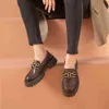 Women's Cow Leather Thick Soled Casual Shoes Round Head Platform and Metal Chain Flat 2 9