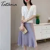 女性のためのTatariaシルクサテンスカートのための高級ウエストAラインエレガントな夏のピンクのミディ韓国風210629