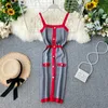 2021 New design women's fashion sexy color block spaghetti strap single breasted knitted pencil tank dress249s