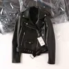 Ailegogo Höstkvinnor Svart PU Faux Läderjacka Streetwear Moto Biker Slim Fit Slå ner Krage Coat Outwear med Bälte 211112