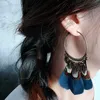 Lampadario pendente Orecchini vintage con piume blu per le donne Ciondolo lungo etnico con nappa Grande pendente rotondo Boemia femminile Pendientes Brincos