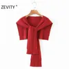 Zevity Women Fashion Solid Color Knitting Wrap Sweater Chic Autumn Shawl Female Leisure Knotted Short Swing Tops S452 210603