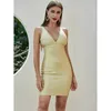 Vrouwen sexy v-hals gouden mini bodycon bandage jurk zomer chic nacht club avond beroemdheid partij vestido 210527