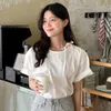 Süße Fliege Oansatz Frauen Blusen Kausal Kurzarm Koreanische Shirts Sommer Mode Blusas De Mujer 6J028 210603