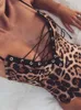 Lato Trendy Kobiety Głębokie V Neck Spaghetti Pasek Leopard Drukuj Lace Up Kobieta Body Seksowny Trykot Body Topy One Piece Cbumsy Y0927