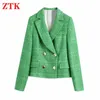 ZA 2021 Kadınlar Yeşil Blazer Kruvaze T Highstreet Moda Boy Ceket X0721