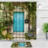 Rideaux de douche Ville rurale Rue Fleurs Paysage Tapis de bain Ensemble Mur jaune Bleu Porte en bois Décor de jardin Salle de bain Tapis antidérapants5730581