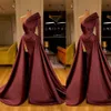 2022 Vintage Sexy Mermaid Prom Dresses One Ramię Burgundy Satin Side Split Satin Sweep Party Dress Suknie wieczorowe Nosić z długim rękawem Plus Size