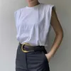 Mulheres Casual Sólida Sem Mangas Ombro Pad ZA 5 Cor T-shirts 2020 Moda Verão O-pescoço T-shirt de algodão preto Y0629