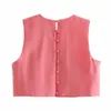 Za Różowy Przycięte Lato Top Kobiety Bez Rękawów O Neck Back Button Vintage Bluzka Kobieta Moda High Street Slim Koszula 210602