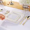 Disposable Dinnerware 50 Tableware Golden Rose Gold Square Plastic Dinner Plate With Silverware Set Birthday Wedding Party Supplies