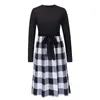 Przypadkowe sukienki jesień zima elegancka dama 2021 Długie rękaw Sukienka dla kobiet Plaid Leopard Fashiondresses O-Neck A-Line Feminino M0616