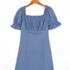 Vintage bleu Mini robe femmes froncé manches courtes bouffantes col carré été robe d'été mince dame robes Boho plage tenues 210709