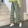 INS Cool Women Baggy Blue Pants Lady Oversized Wide Leg Plaid Slacks Harem Student Autumn Purple Pink Long Flare Trousers 210925