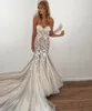 Straplez Dantel Mermaid Gelinlik Gelinlikler Aplike Sweep Tren Dantel-up Geri Gelin Elbiseler Artı Boyutu Vestidos de Noiva