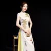 Этническая одежда мандаринская воротничка qipao цветочные аппликации белый cheongsam винтажный a-line вечерний платье для вечеринок птицы Birls Bling Athestone vestid