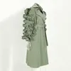[EAM] Kobiety Zielone Ruffles Stitch Długi Trench Lapel Sleeve Loose Fit Winbreaker Moda Wiosna Jesień 1DC061 210914