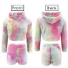 Otoño Invierno esponjoso 2 uds conjuntos mujeres Sexy felpa con capucha sudadera Crop Tops + pantalones cortos de cintura alta Casual Tie Dye chándal trajes 210526