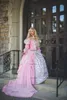 Gothic Sleeping Beauty Princess Medieval pink and gold Wedding Dress Long Sleeve Lace Appliques Victorian masquerade Bridal gown