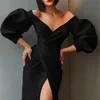 2021 Elegant Solid Evening Prom Gowns Party Dresses For Women Sexy V Neck Puff Sleeve Dresses Black White Off Shoulder High Split Maxi Vestidos